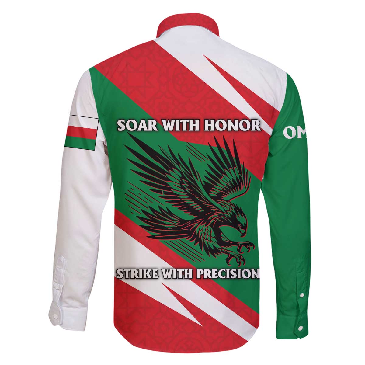 Oman Family Matching Off The Shoulder Long Sleeve Dress and Hawaiian Shirt with National Flag Colors and Falcon Soaring Graphic Design