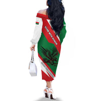 Oman Family Matching Off The Shoulder Long Sleeve Dress and Hawaiian Shirt with National Flag Colors and Falcon Soaring Graphic Design