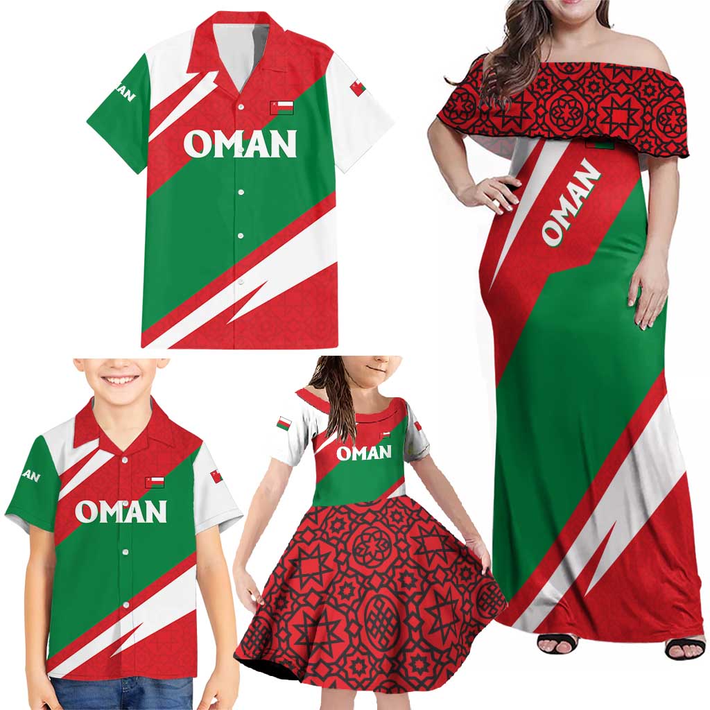 Oman Family Matching Off Shoulder Maxi Dress and Hawaiian Shirt with National Flag Colors and Falcon Soaring Graphic Design