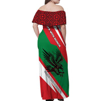 Oman Family Matching Off Shoulder Maxi Dress and Hawaiian Shirt with National Flag Colors and Falcon Soaring Graphic Design