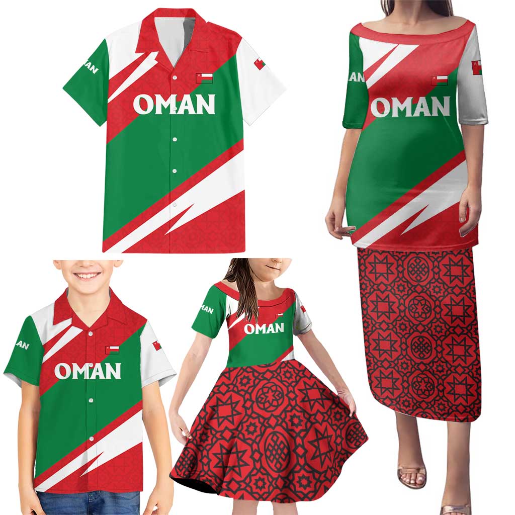 Oman Family Matching Puletasi and Hawaiian Shirt with National Flag Colors and Falcon Soaring Graphic Design