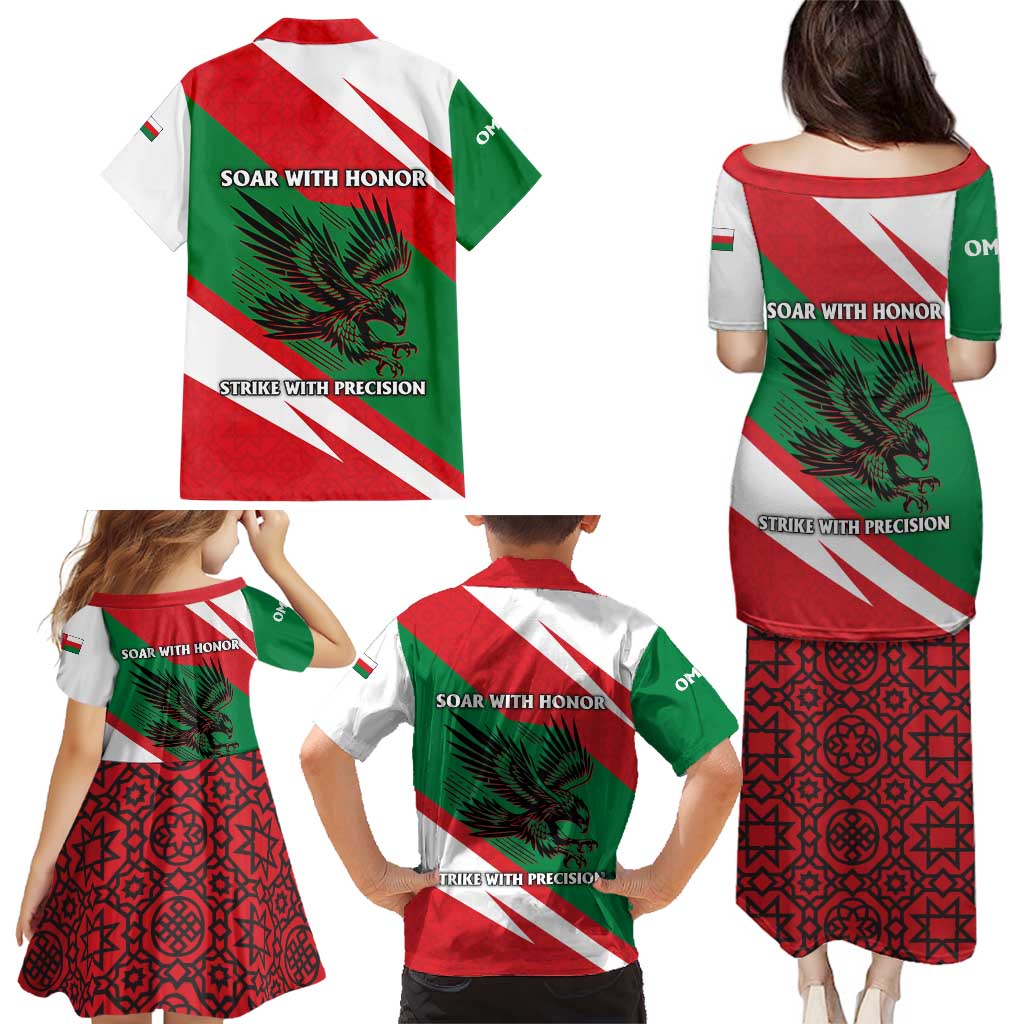 Oman Family Matching Puletasi and Hawaiian Shirt with National Flag Colors and Falcon Soaring Graphic Design