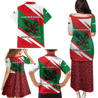 Oman Family Matching Puletasi and Hawaiian Shirt with National Flag Colors and Falcon Soaring Graphic Design