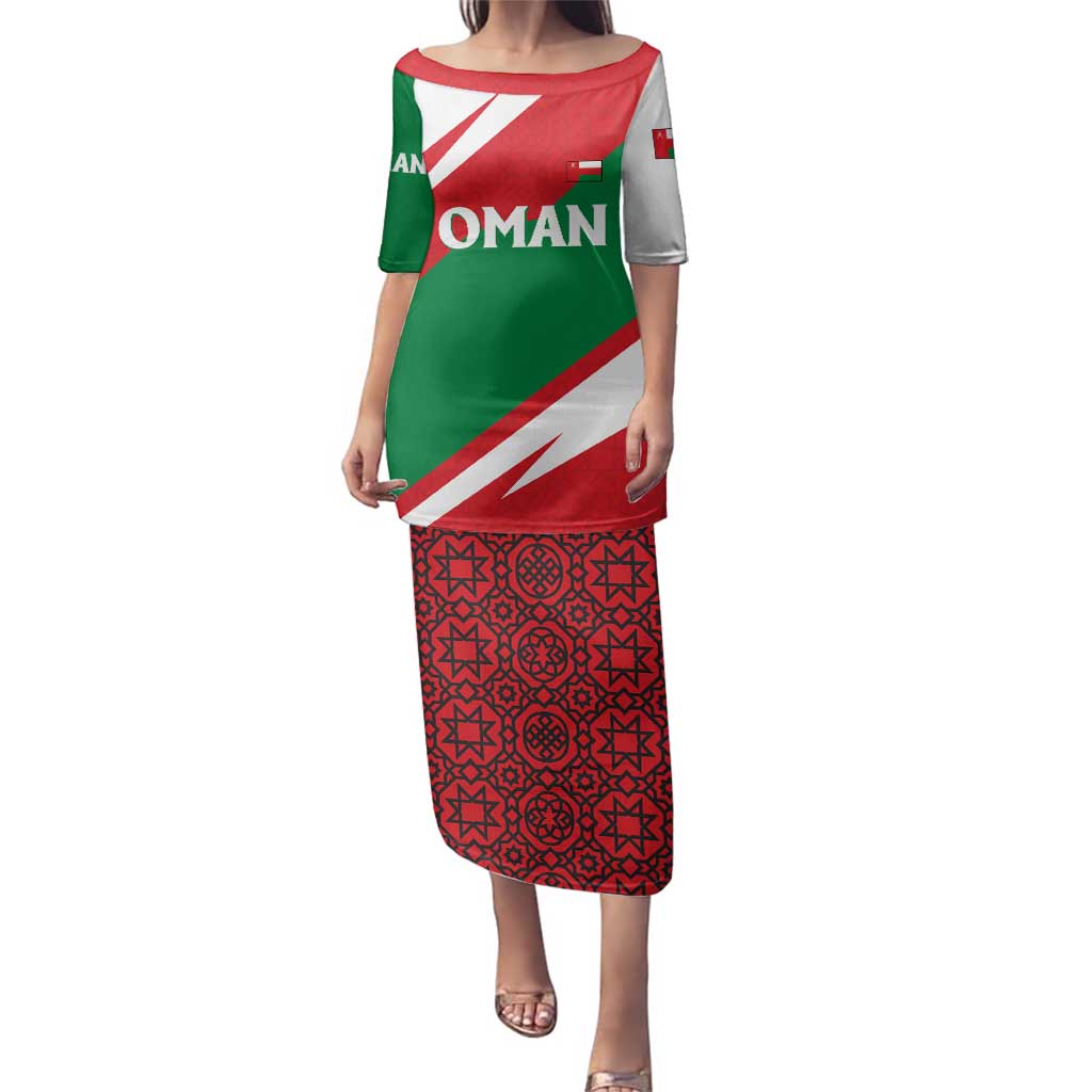 Oman Family Matching Puletasi and Hawaiian Shirt with National Flag Colors and Falcon Soaring Graphic Design