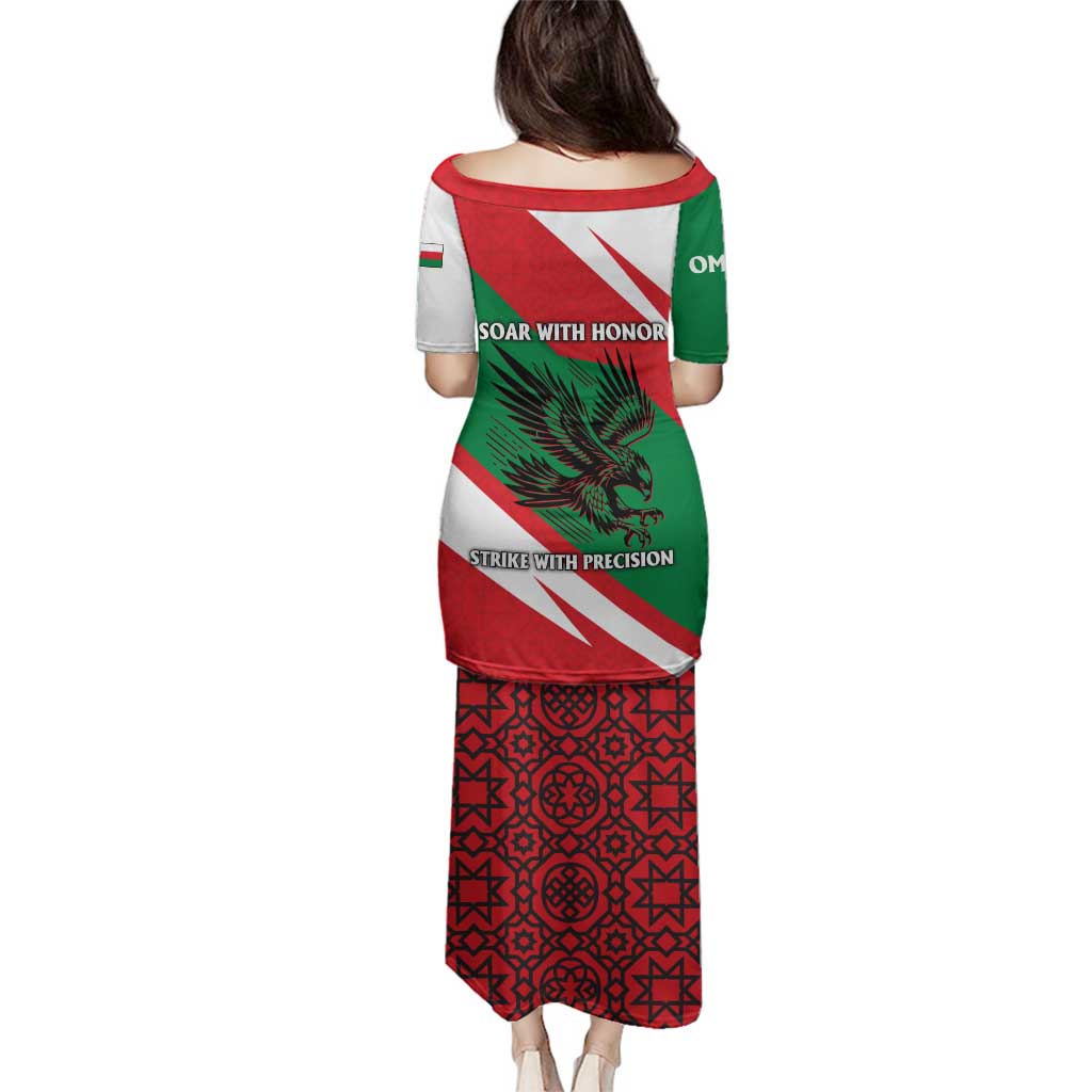 Oman Family Matching Puletasi and Hawaiian Shirt with National Flag Colors and Falcon Soaring Graphic Design