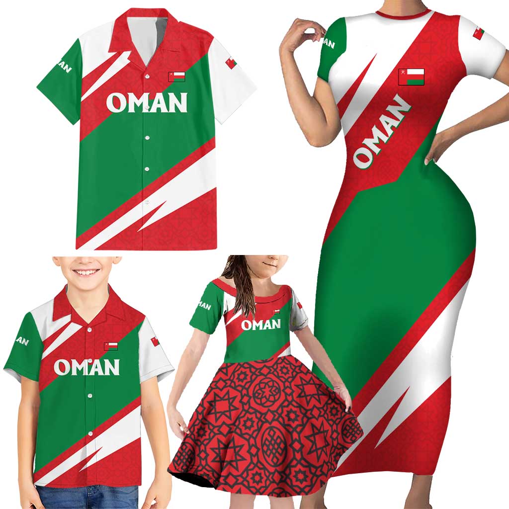 Oman Family Matching Short Sleeve Bodycon Dress and Hawaiian Shirt with National Flag Colors and Falcon Soaring Graphic Design