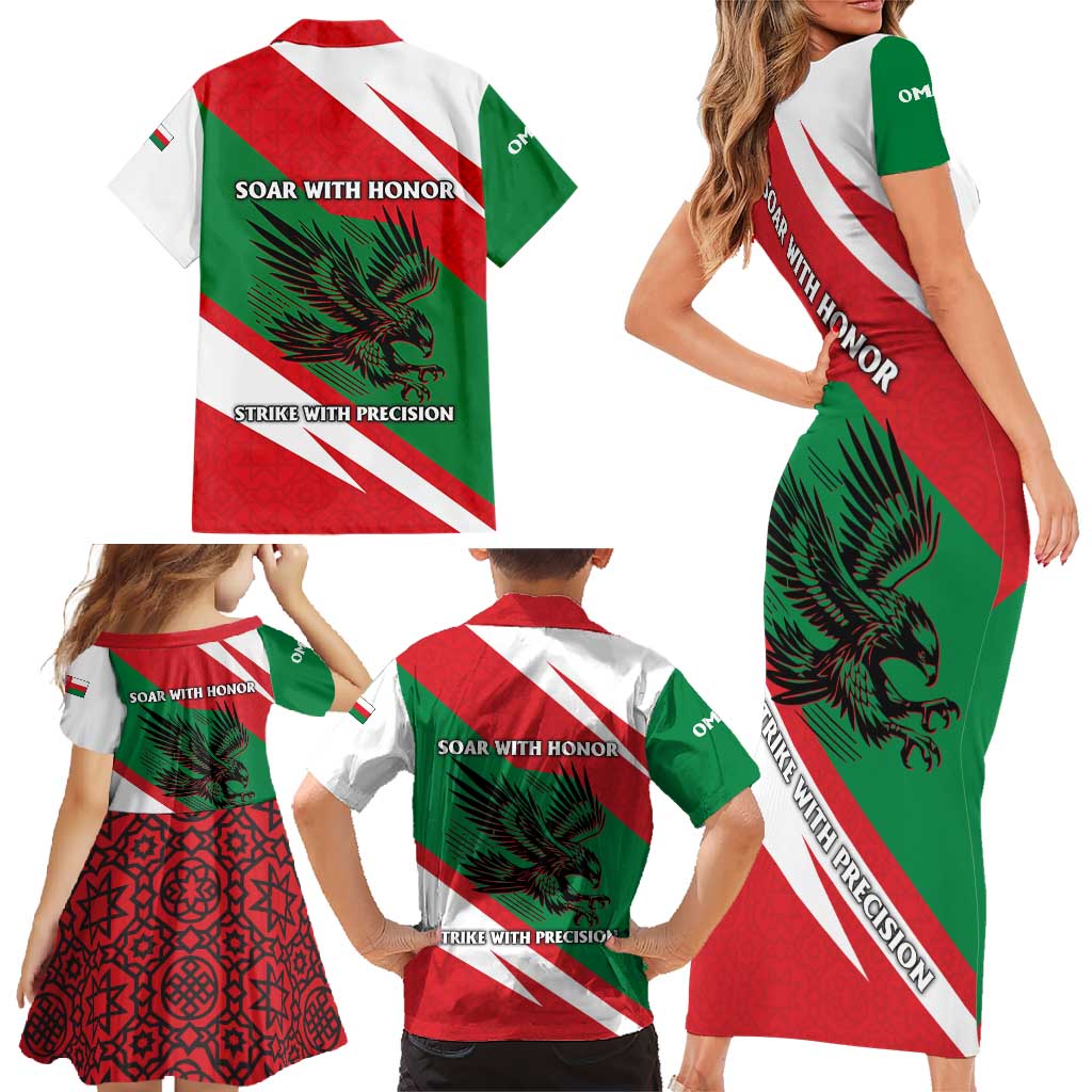 Oman Family Matching Short Sleeve Bodycon Dress and Hawaiian Shirt with National Flag Colors and Falcon Soaring Graphic Design