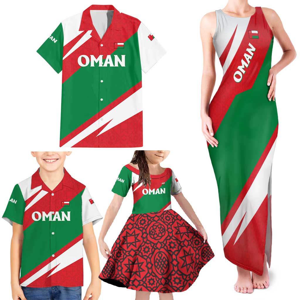 Oman Family Matching Tank Maxi Dress and Hawaiian Shirt with National Flag Colors and Falcon Soaring Graphic Design