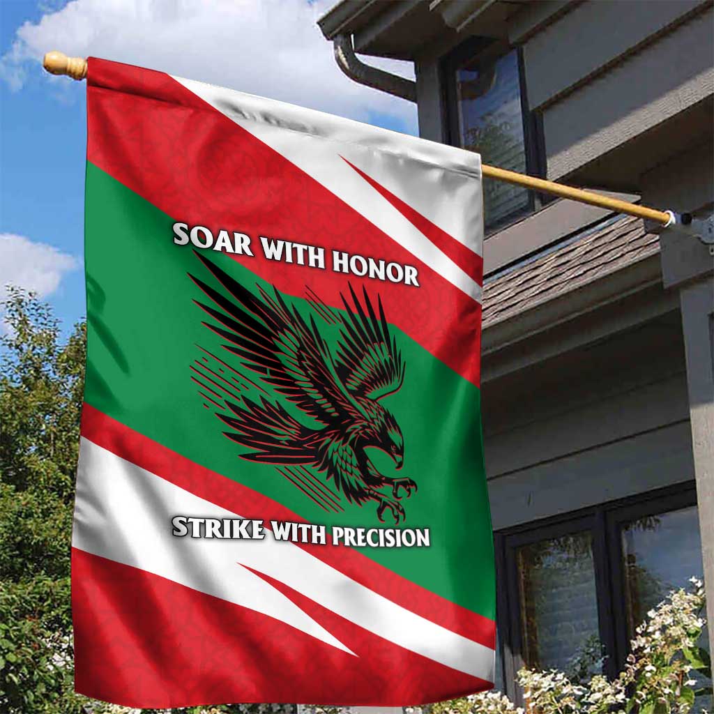 Oman Garden Flag with National Flag Colors and Falcon Soaring Graphic Design
