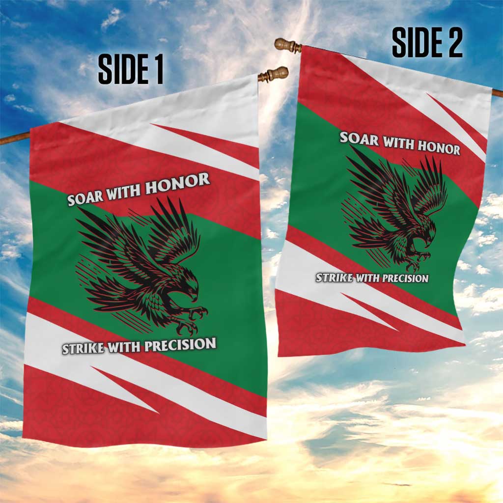 Oman Garden Flag with National Flag Colors and Falcon Soaring Graphic Design