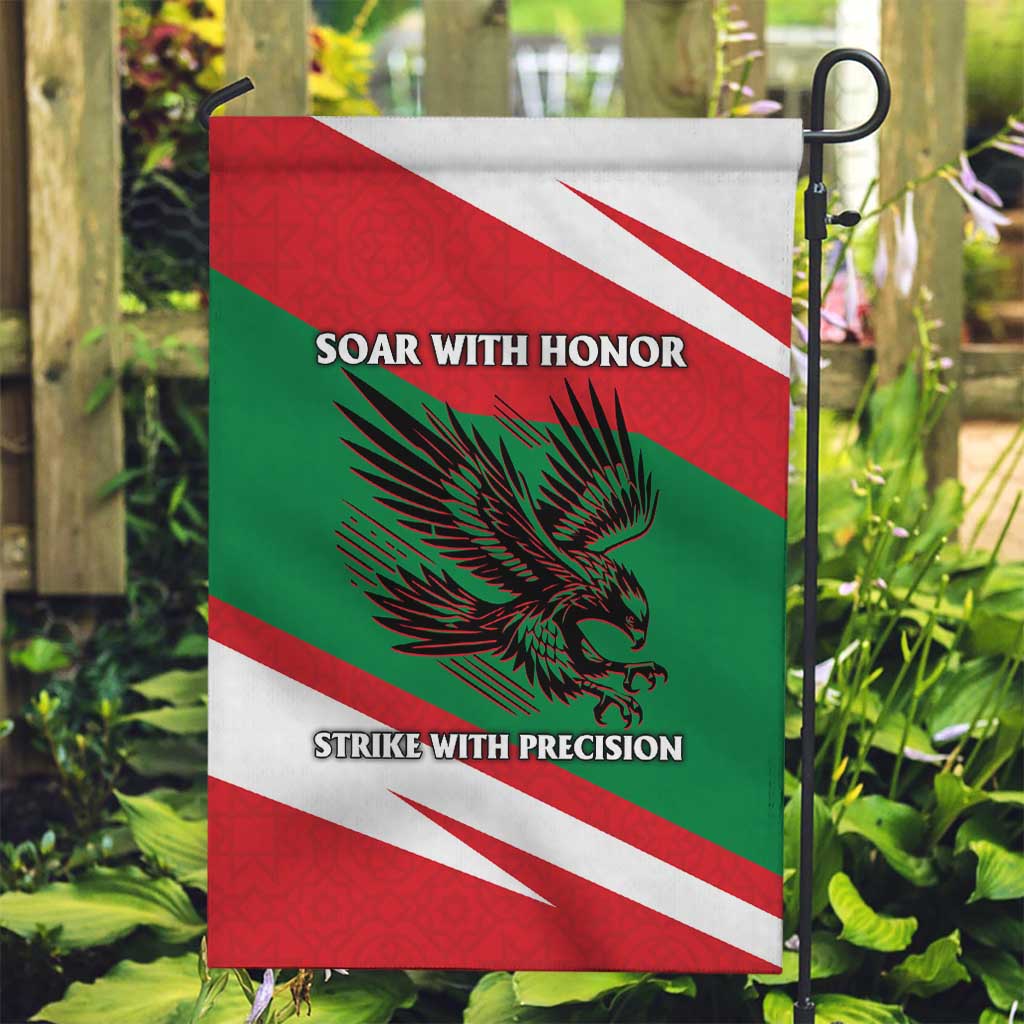 Oman Garden Flag with National Flag Colors and Falcon Soaring Graphic Design