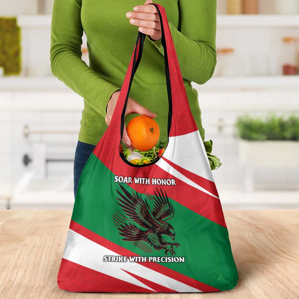 Oman Grocery Bag with National Flag Colors and Falcon Soaring Graphic Design