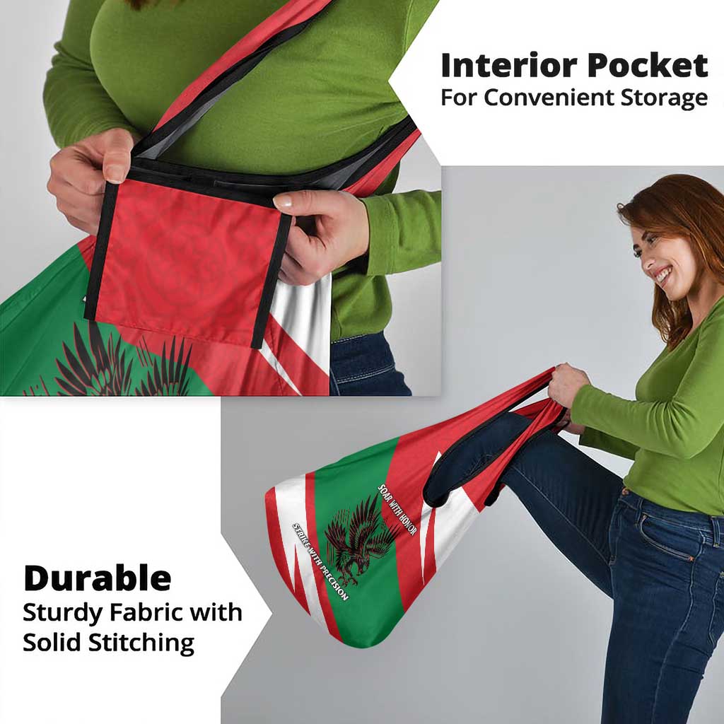 Oman Grocery Bag with National Flag Colors and Falcon Soaring Graphic Design