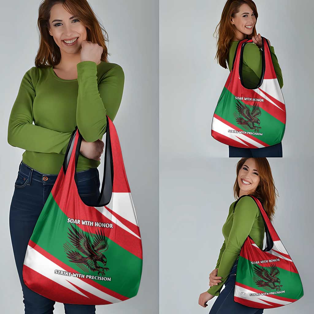 Oman Grocery Bag with National Flag Colors and Falcon Soaring Graphic Design