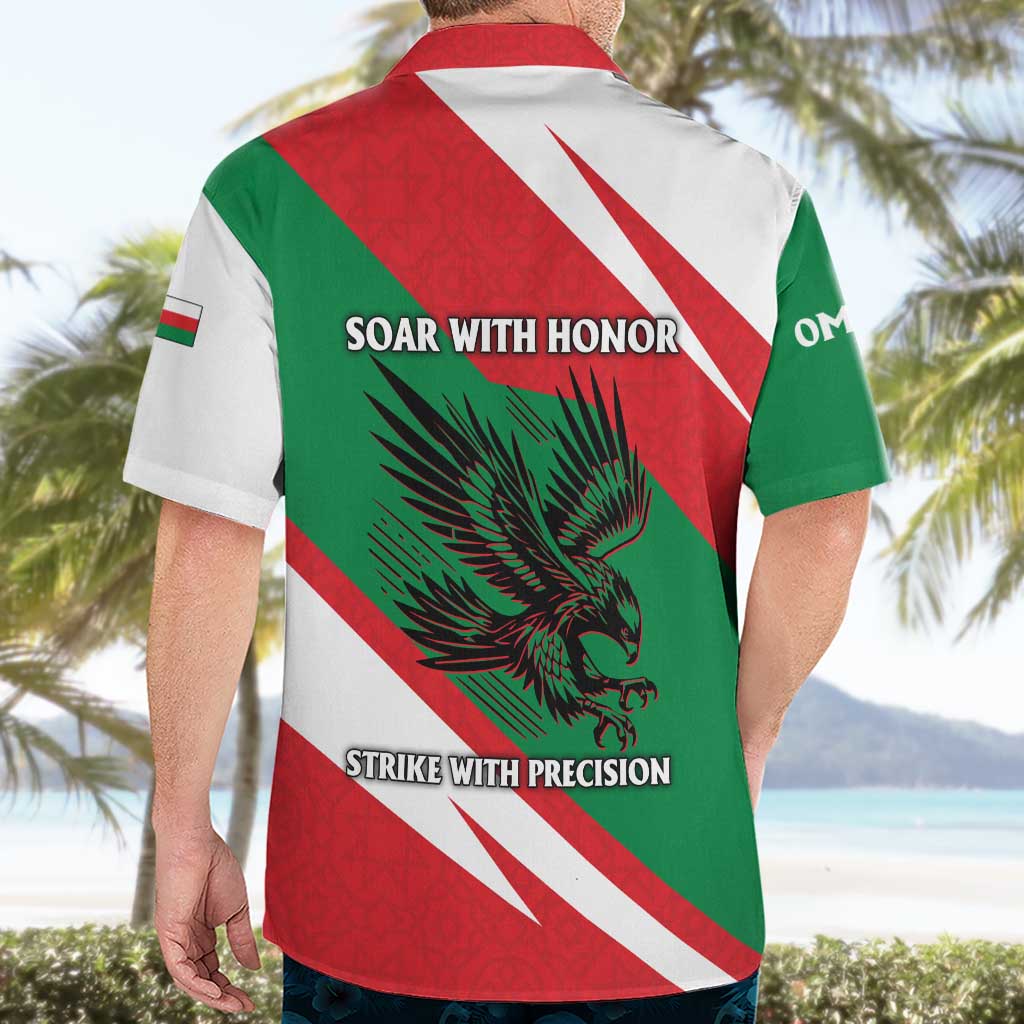 Oman Hawaiian Shirt with National Flag Colors and Falcon Soaring Graphic Design