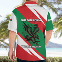 Oman Hawaiian Shirt with National Flag Colors and Falcon Soaring Graphic Design