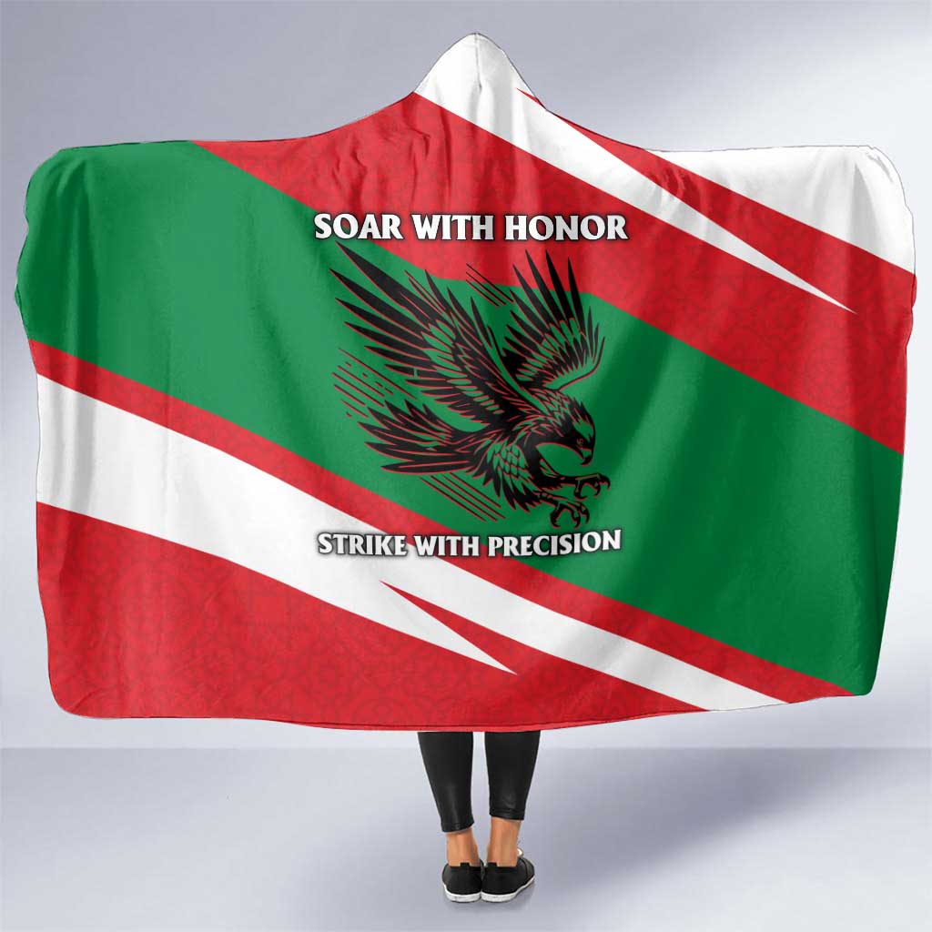 Oman Hooded Blanket with National Flag Colors and Falcon Soaring Graphic Design