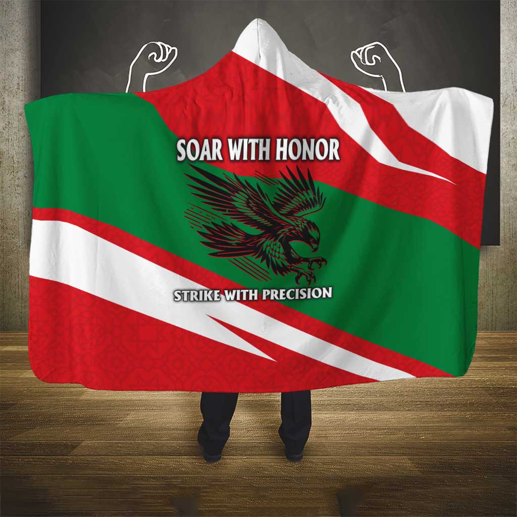 Oman Hooded Blanket with National Flag Colors and Falcon Soaring Graphic Design