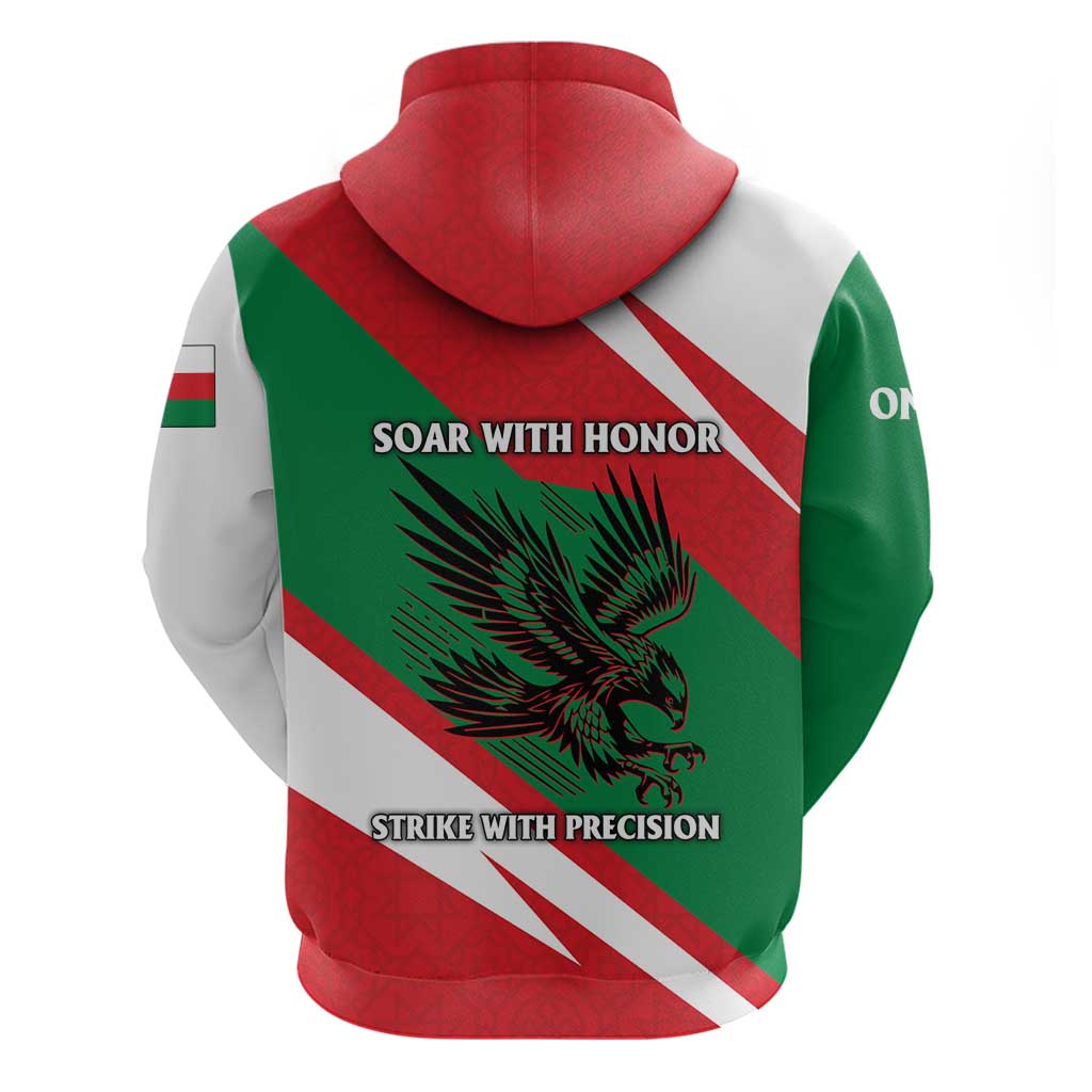 Oman Hoodie with National Flag Colors and Falcon Soaring Graphic Design