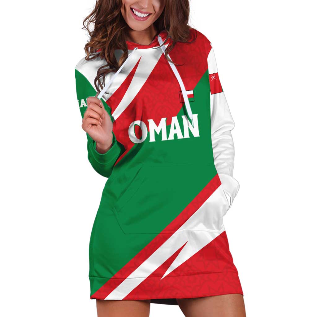 Oman Hoodie Dress with National Flag Colors and Falcon Soaring Graphic Design