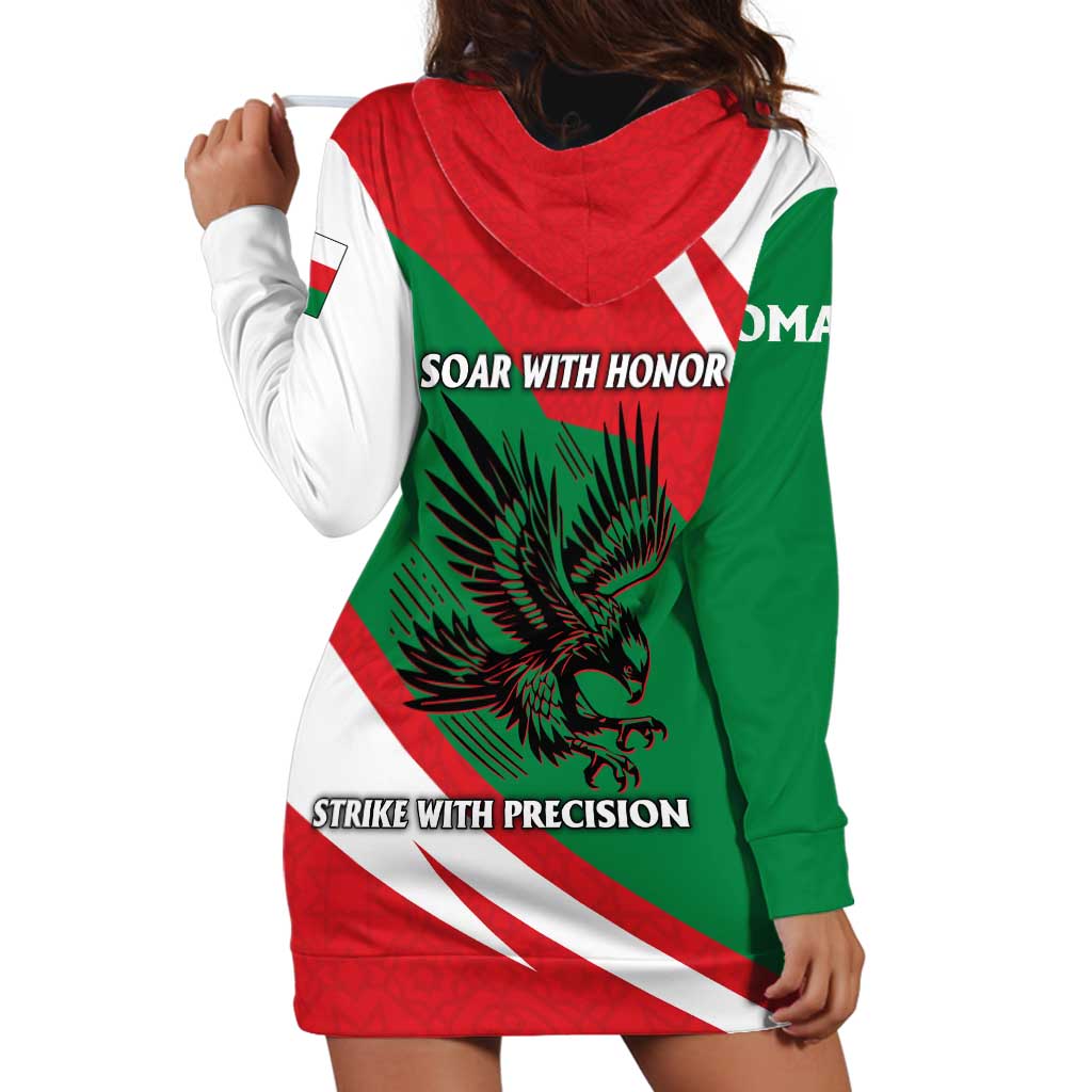 Oman Hoodie Dress with National Flag Colors and Falcon Soaring Graphic Design