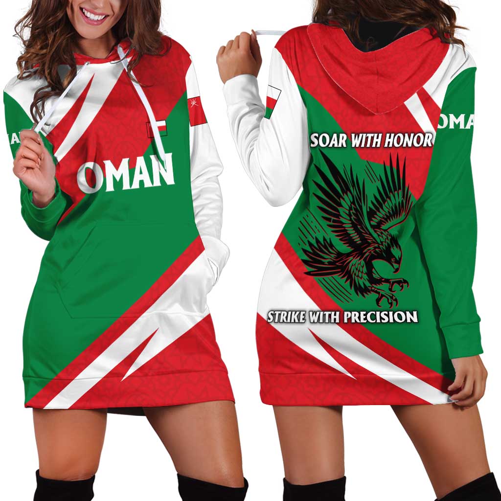 Oman Hoodie Dress with National Flag Colors and Falcon Soaring Graphic Design
