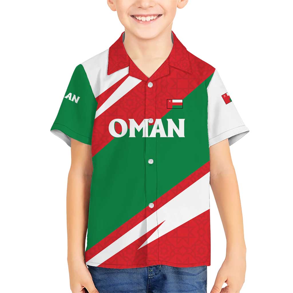 Oman Kid Hawaiian Shirt with National Flag Colors and Falcon Soaring Graphic Design