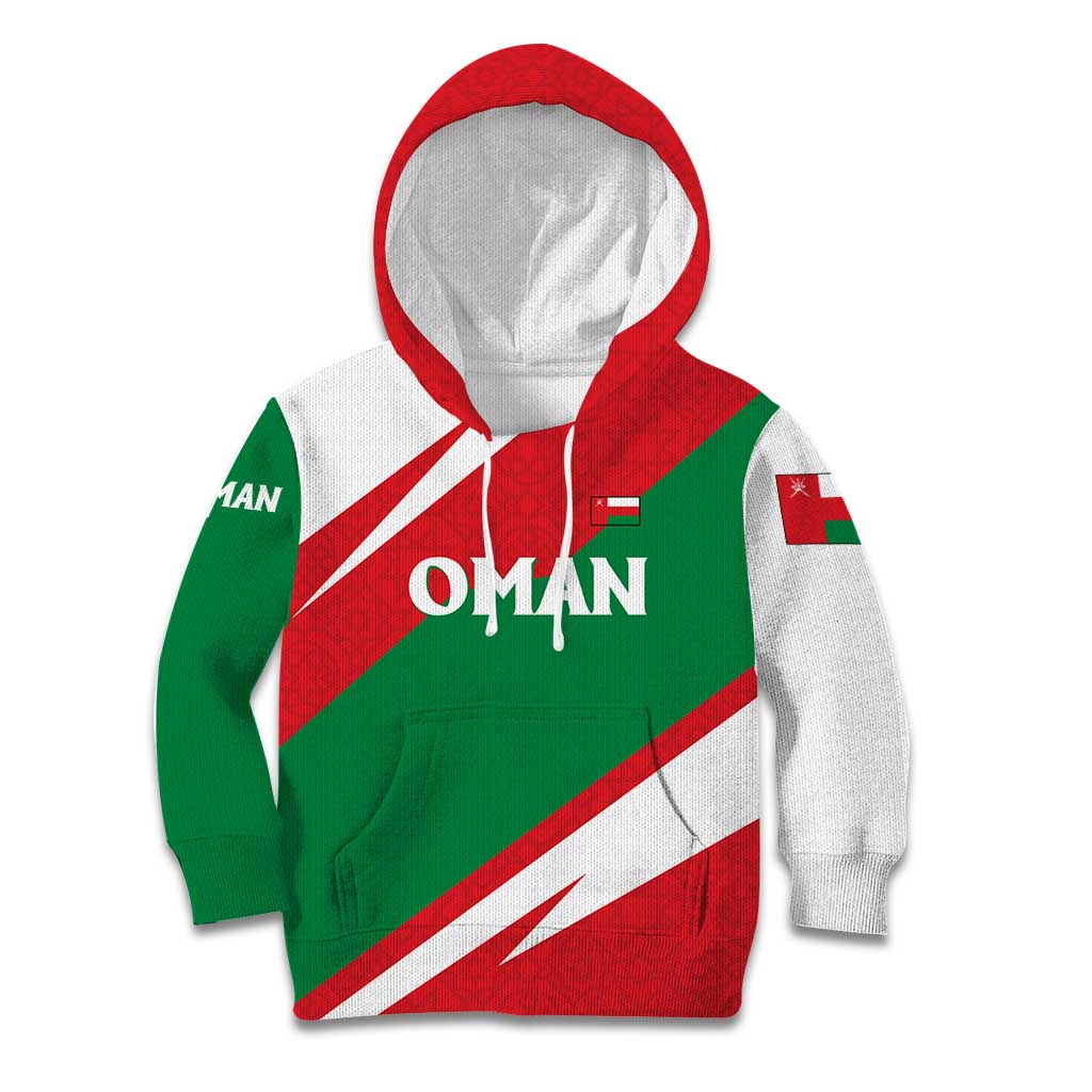 Oman Kid Hoodie with National Flag Colors and Falcon Soaring Graphic Design