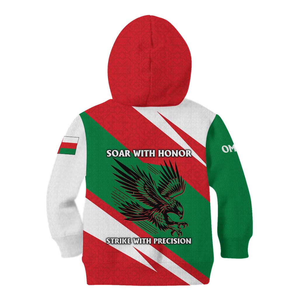Oman Kid Hoodie with National Flag Colors and Falcon Soaring Graphic Design