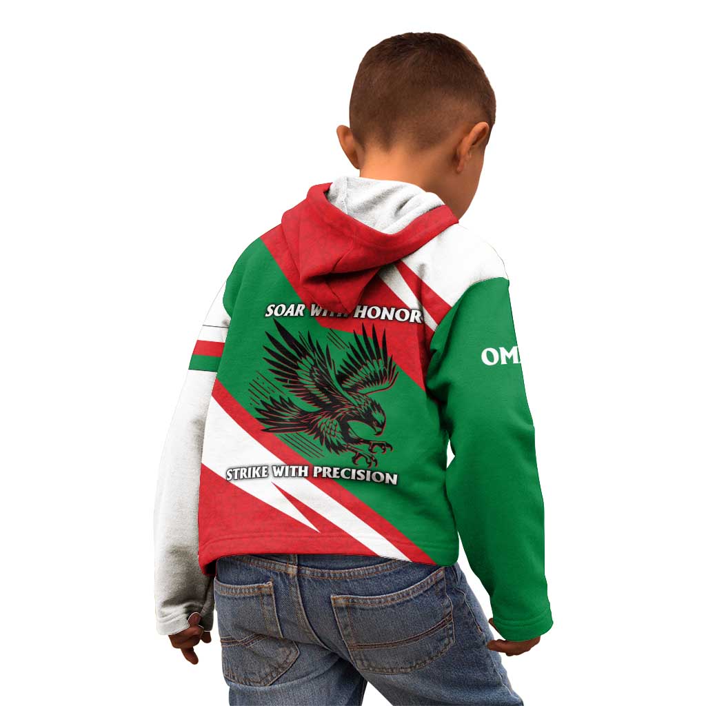 Oman Kid Hoodie with National Flag Colors and Falcon Soaring Graphic Design