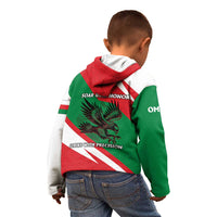 Oman Kid Hoodie with National Flag Colors and Falcon Soaring Graphic Design