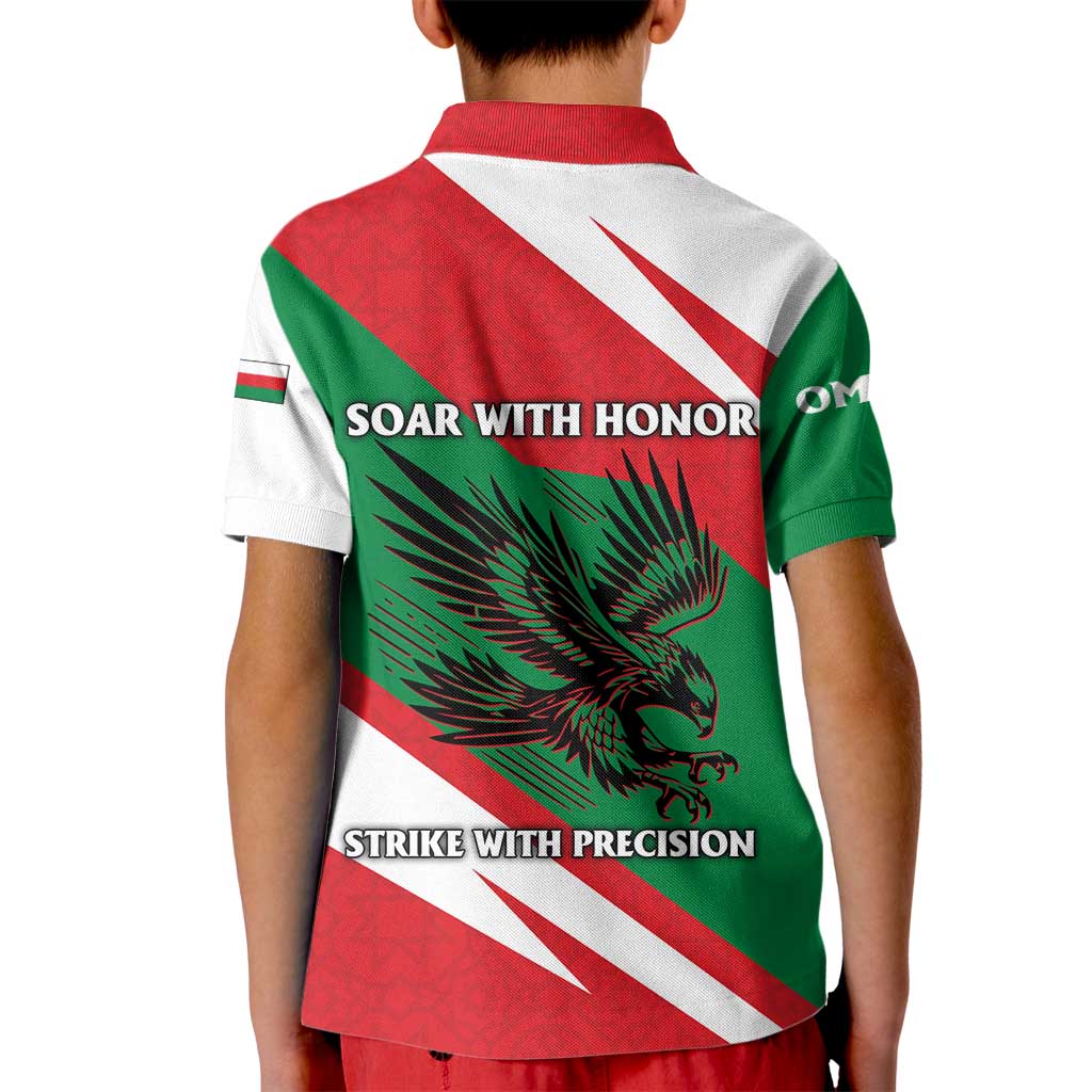 Oman Kid Polo Shirt with National Flag Colors and Falcon Soaring Graphic Design