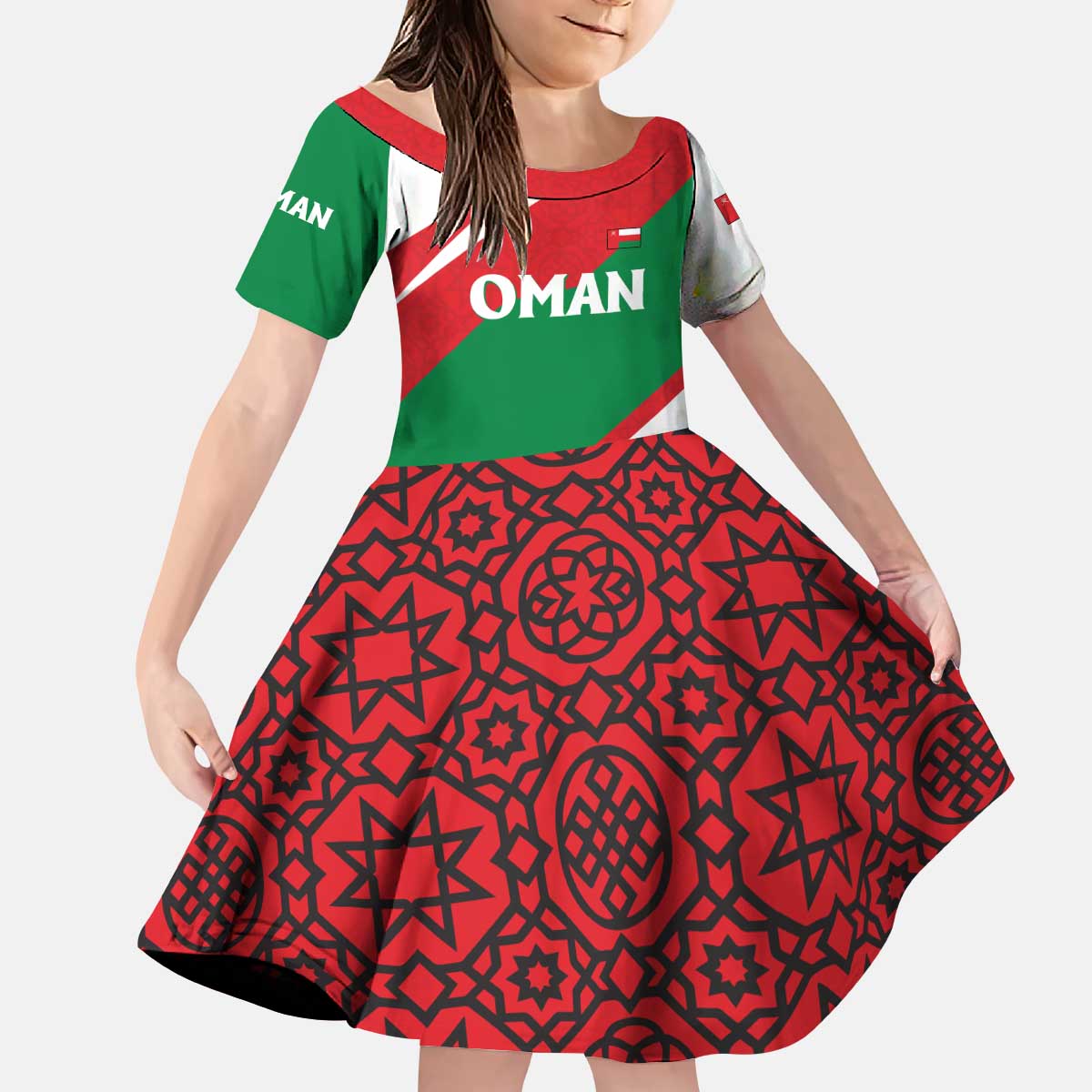 Oman Kid Short Sleeve Dress with National Flag Colors and Falcon Soaring Graphic Design