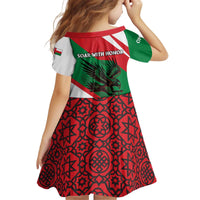 Oman Kid Short Sleeve Dress with National Flag Colors and Falcon Soaring Graphic Design