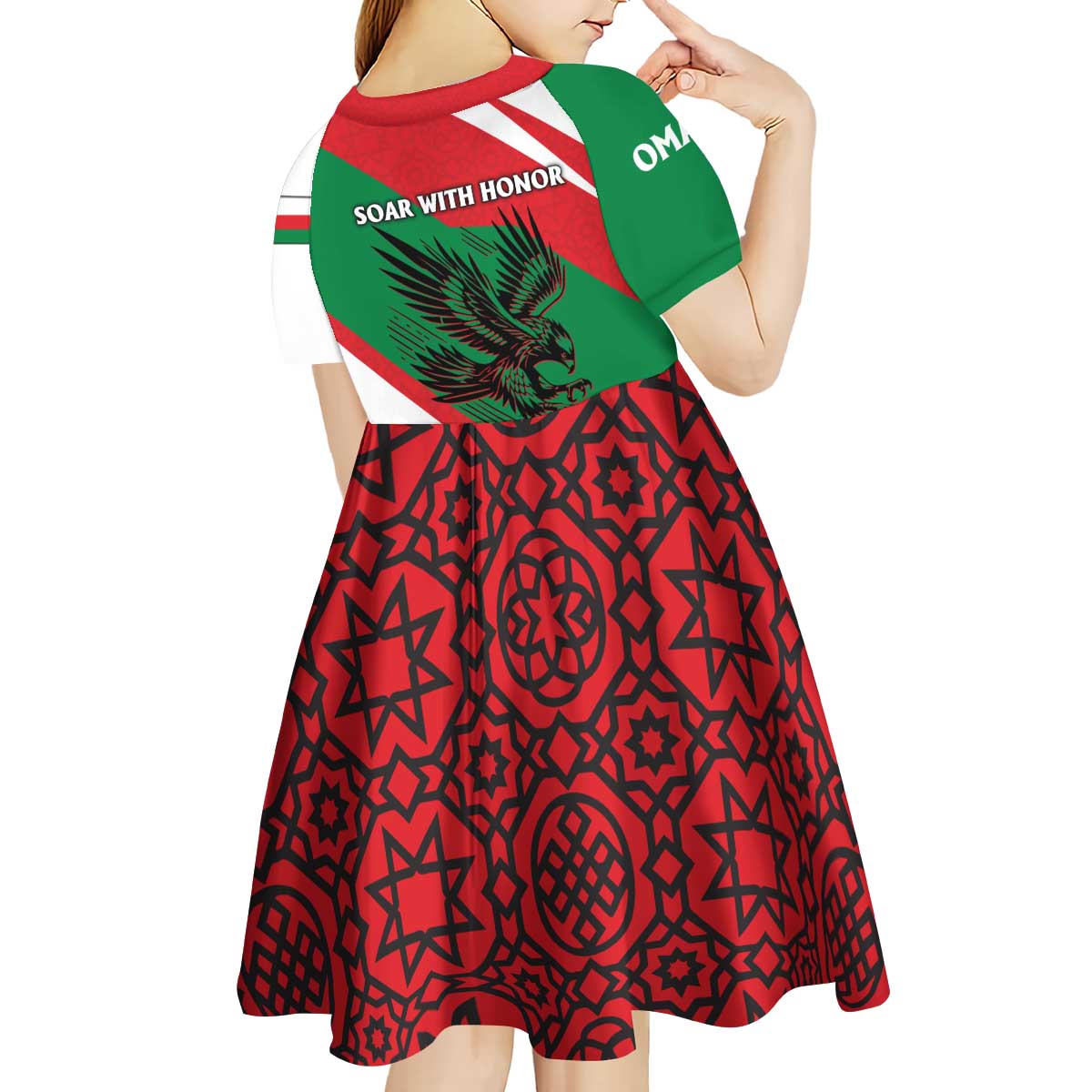 Oman Kid Short Sleeve Dress with National Flag Colors and Falcon Soaring Graphic Design