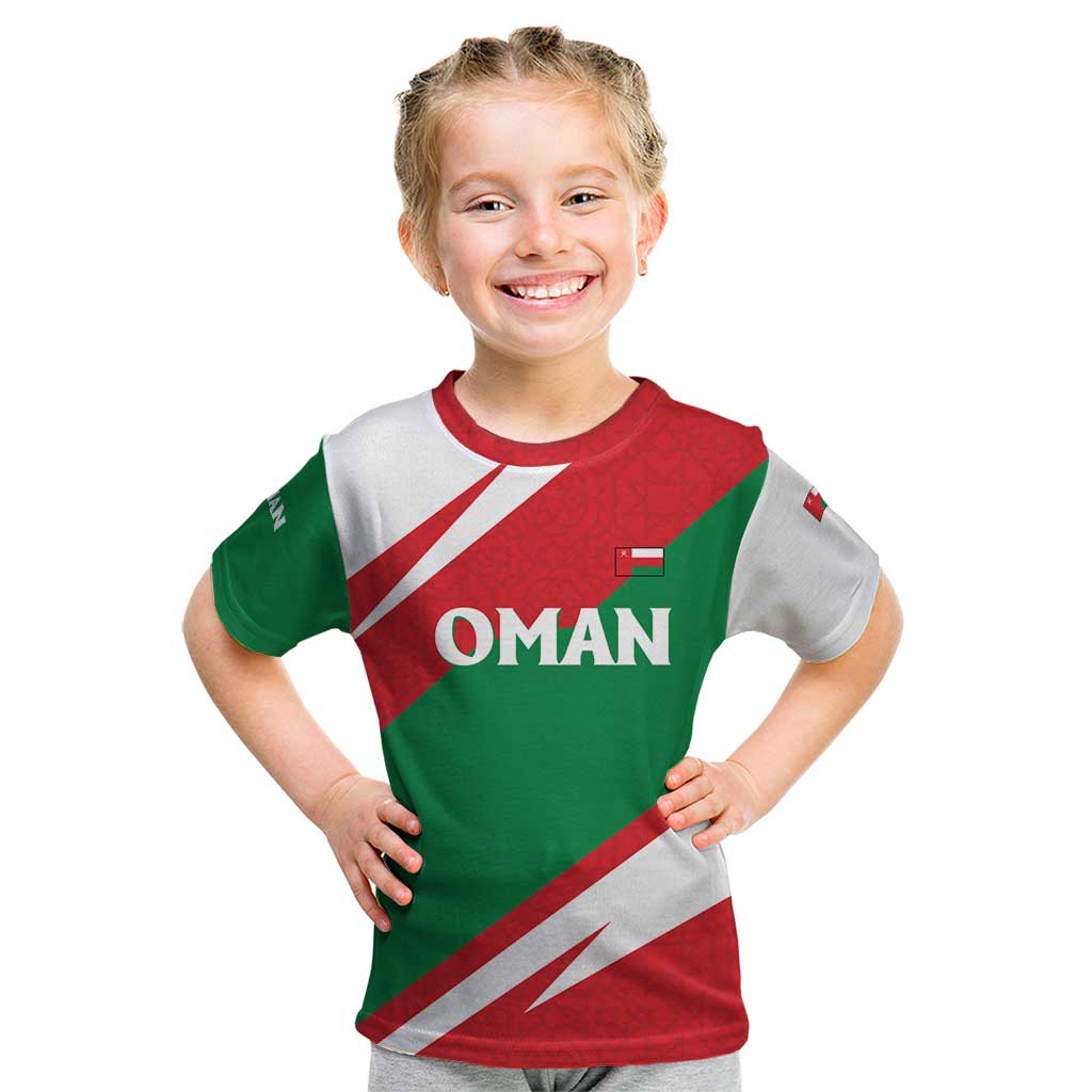 Oman Kid T Shirt with National Flag Colors and Falcon Soaring Graphic Design