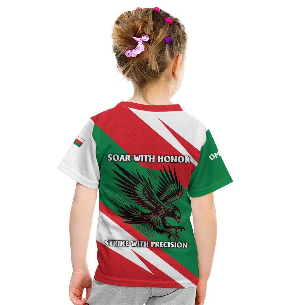 Oman Kid T Shirt with National Flag Colors and Falcon Soaring Graphic Design