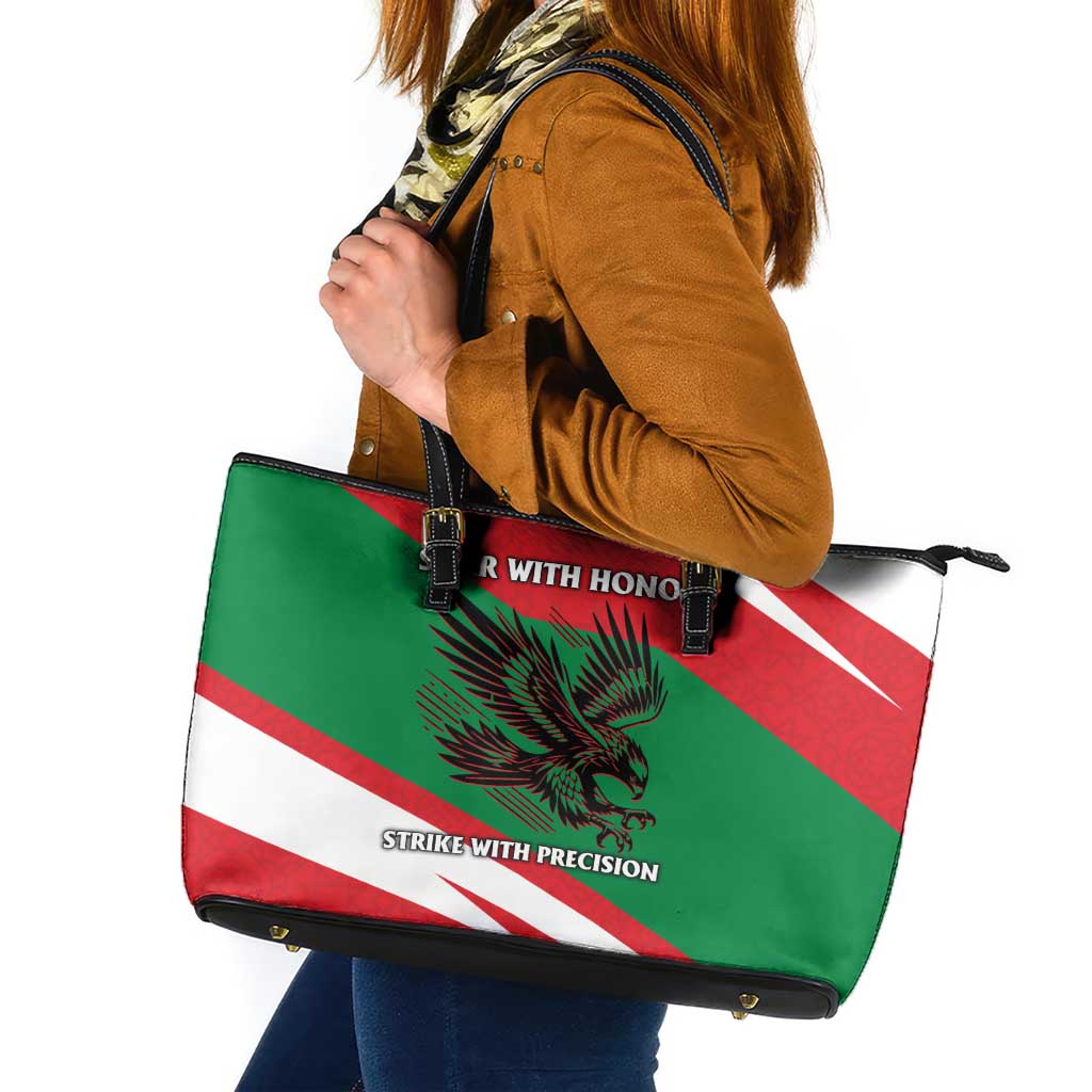 Oman Leather Tote Bag with National Flag Colors and Falcon Soaring Graphic Design