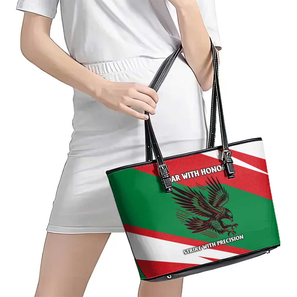 Oman Leather Tote Bag with National Flag Colors and Falcon Soaring Graphic Design