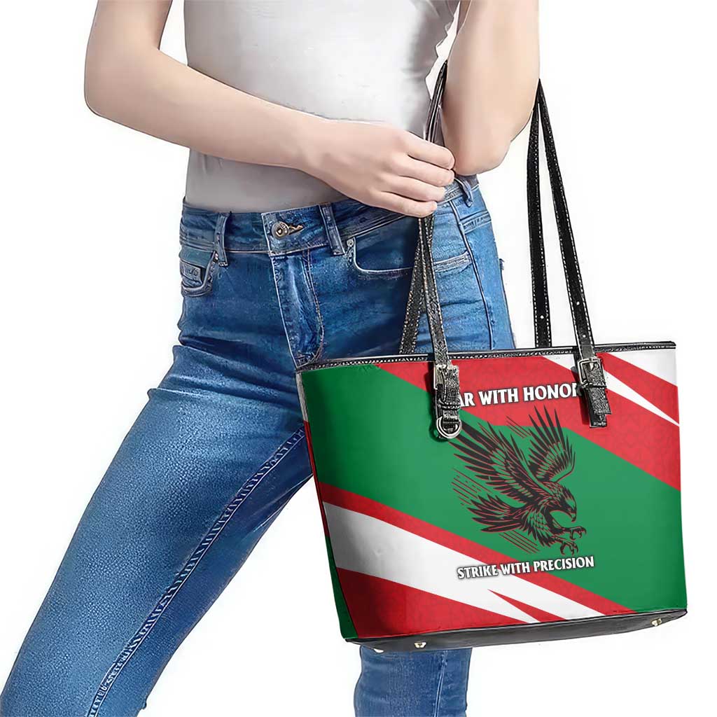 Oman Leather Tote Bag with National Flag Colors and Falcon Soaring Graphic Design