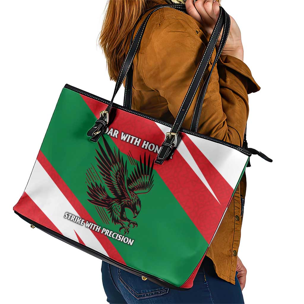 Oman Leather Tote Bag with National Flag Colors and Falcon Soaring Graphic Design