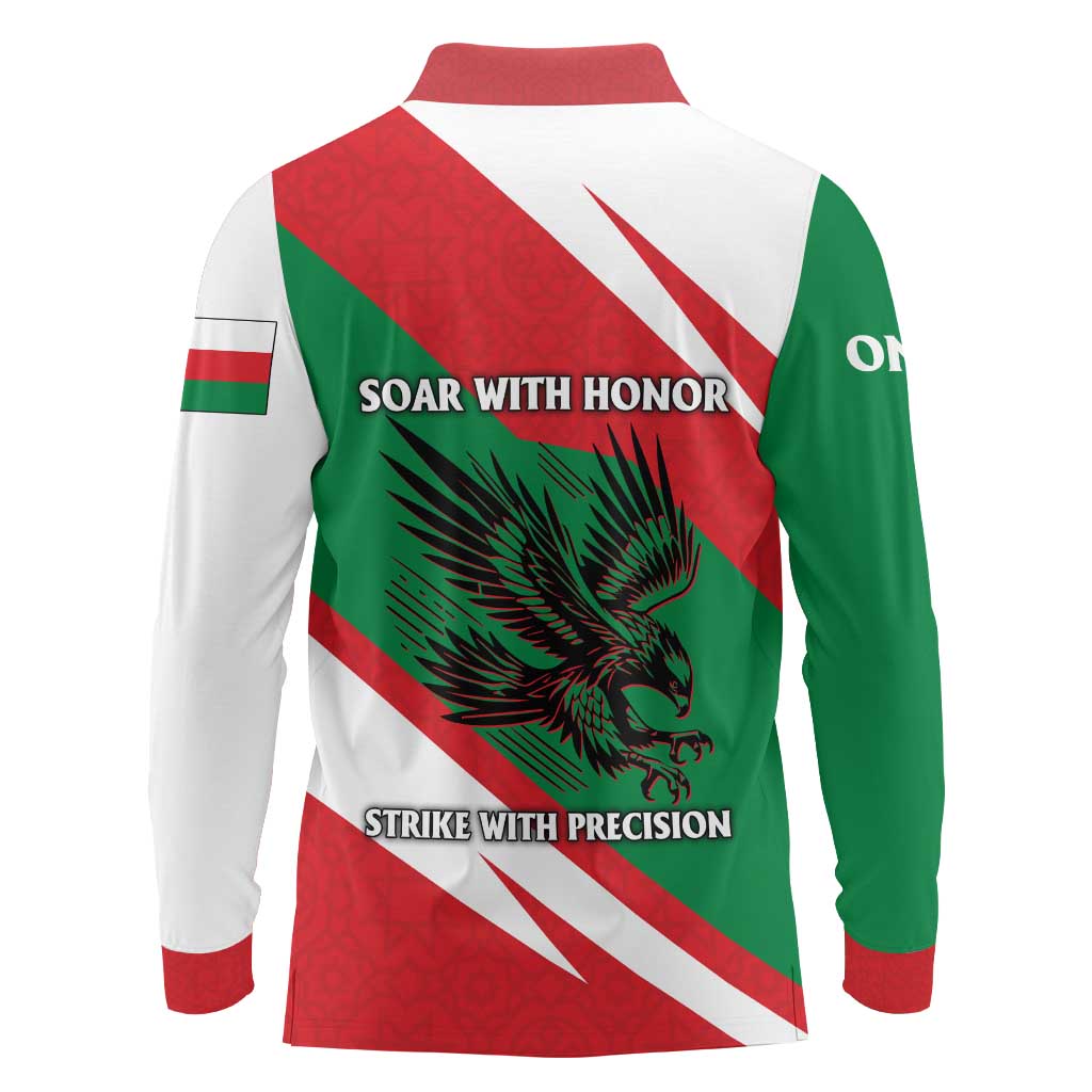 Oman Long Sleeve Polo Shirt with National Flag Colors and Falcon Soaring Graphic Design