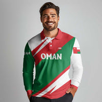 Oman Long Sleeve Polo Shirt with National Flag Colors and Falcon Soaring Graphic Design