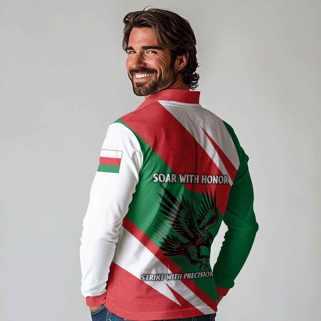 Oman Long Sleeve Polo Shirt with National Flag Colors and Falcon Soaring Graphic Design
