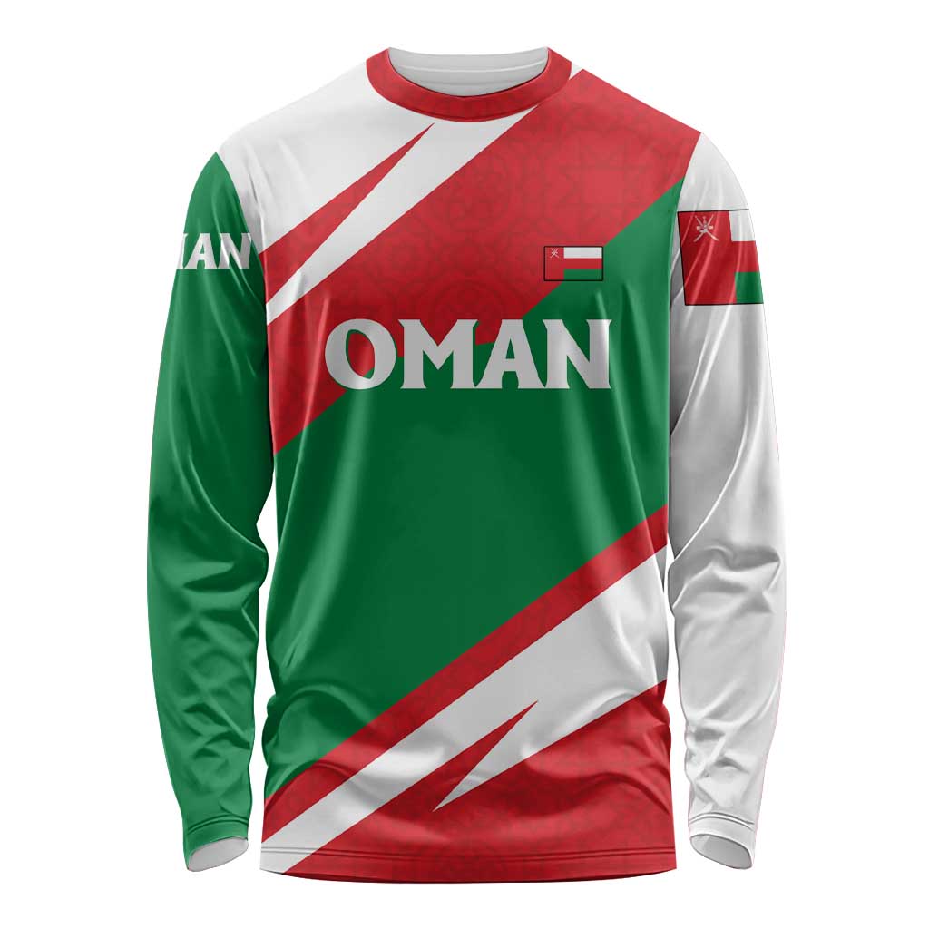 Oman Long Sleeve Shirt with National Flag Colors and Falcon Soaring Graphic Design