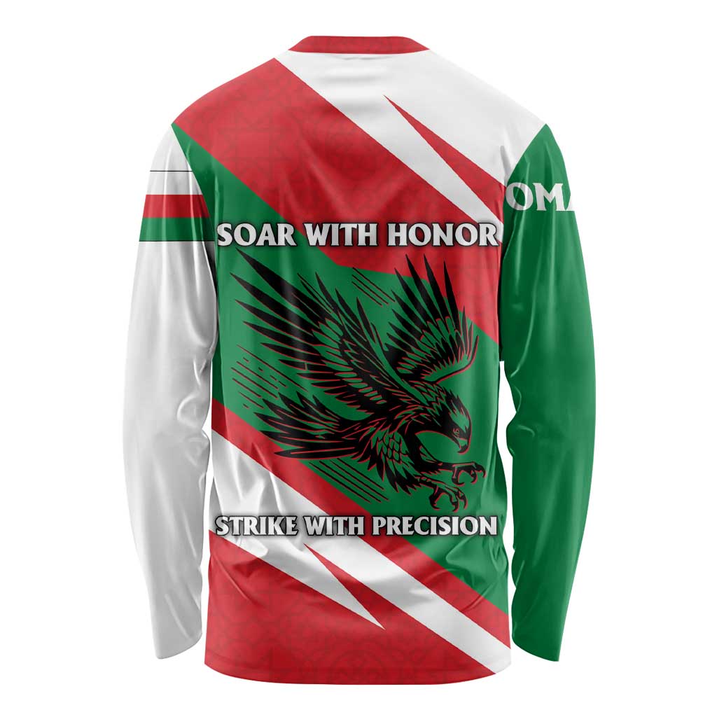 Oman Long Sleeve Shirt with National Flag Colors and Falcon Soaring Graphic Design