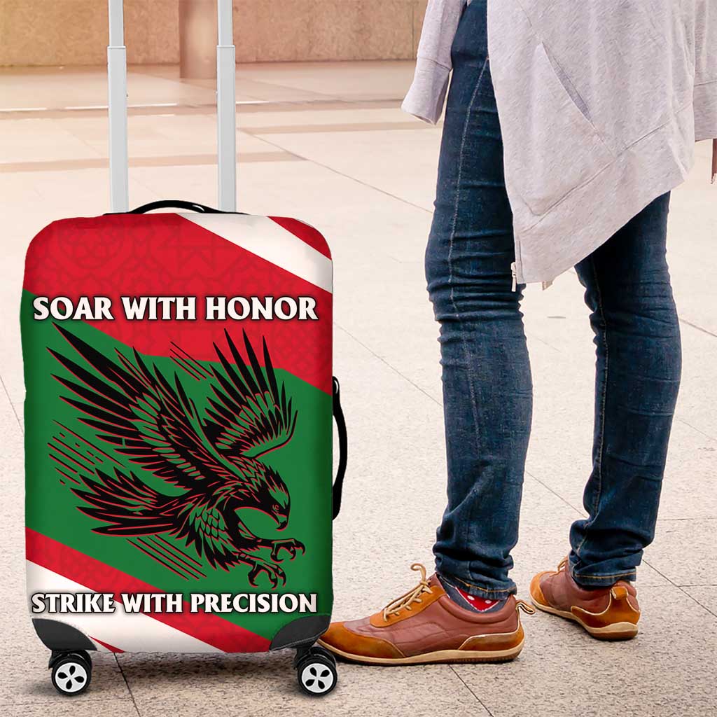 Oman Luggage Cover with National Flag Colors and Falcon Soaring Graphic Design