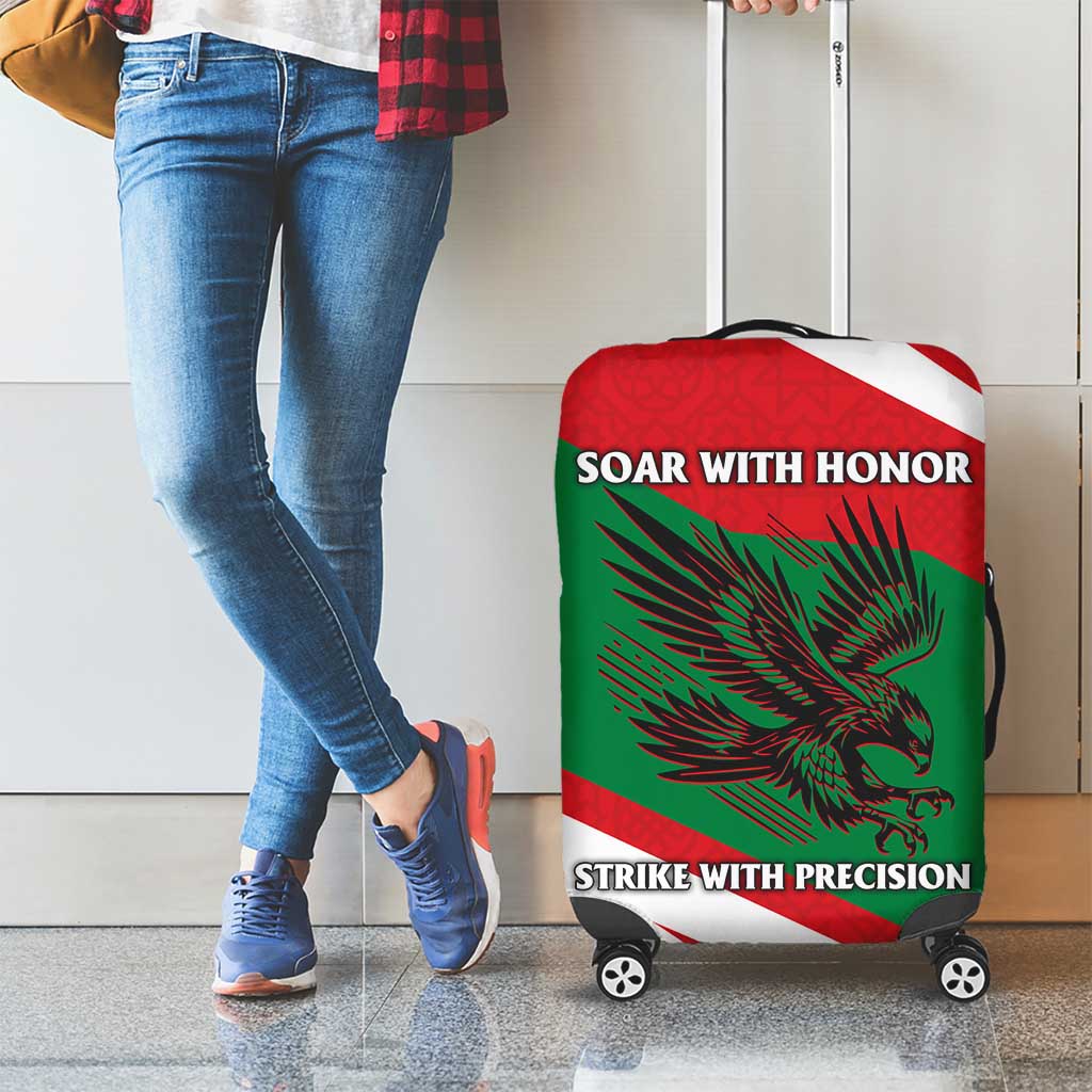 Oman Luggage Cover with National Flag Colors and Falcon Soaring Graphic Design