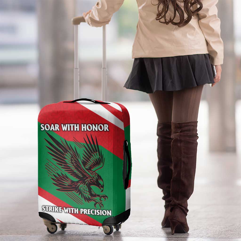 Oman Luggage Cover with National Flag Colors and Falcon Soaring Graphic Design