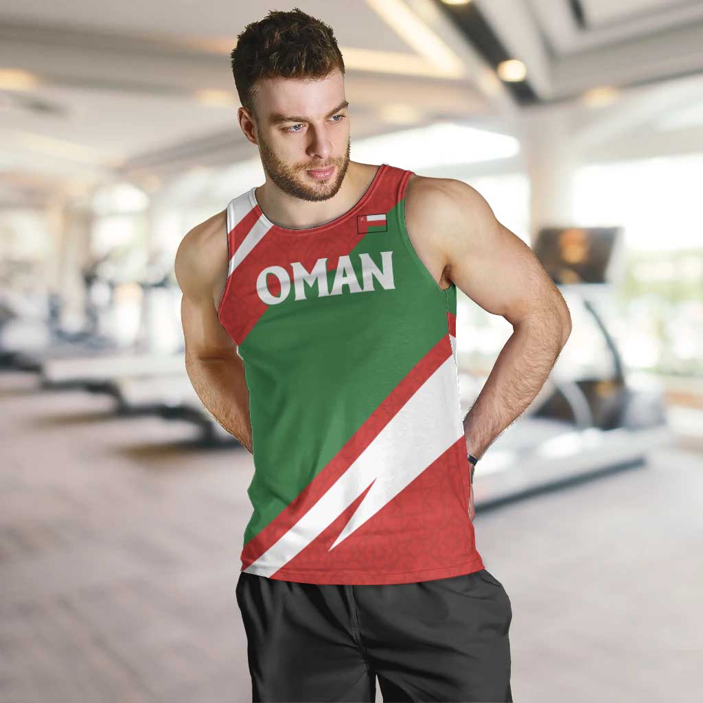 Oman Men Tank Top with National Flag Colors and Falcon Soaring Graphic Design